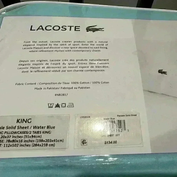 NIP Lacoste King SHEET SET
100% COTTON PERCALE in water blue - Picture 7 of 11